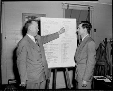 Two men looking at oversize display copy of Personnel Survey form