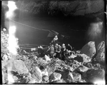Big Creek 4 construction work:  Men hoisting submerged truck out of San Joaquin River
