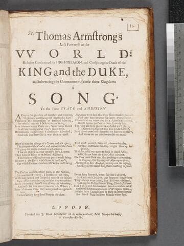 Sr. Thomas Armstrong's last farewell to the vvorld: he being condemned for high-treason, and conspiring the death of the King and the Duke, and subverting the government of these three kingdoms A songÂ· To the tune State and ambition