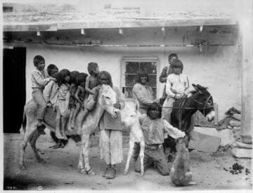 Hopi Indian children with burros and Dr. James