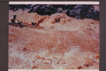 John Harper dropping into Horn Creek Rapid.  Bright Angel gauge:  July 18:  21,000.  July 19:  19,700.  July 20:  18,500.  July 21:  17,400