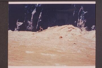 Frank Wright in Monument Creek Rapid.  Bright Angel gauge:  July 18:  21,000.  July 19:  19,700.  July 20:  18,500.  July 21:  17,400