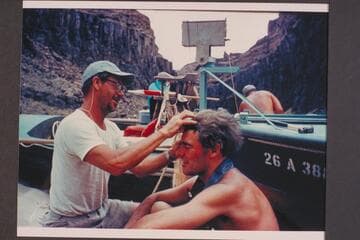 Frank LaRue works on make-up of Garth Marston to create Oramel Howland; Tapeats Creek