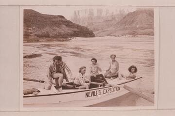 The women passengers in the Nevills 1947 party between Lees Ferry and Bright Angel Creek.  Left to right:  Marjory Farquhar, Rosalind Johnson, Pualine Saylor, Margaret Marston and Elma Milotte.  At foot of Tanner Trail