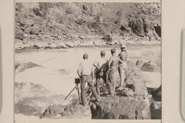 Nevills crew sizing up Buck Creek Rapid:  Kent Frost, Norm Nevills, Pres Walker and Dock Marston