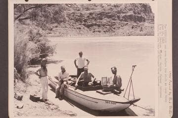 The "Esmeralda" and crew before the start at Lees Ferry.  Left to right:  Marston, Taylor, Hudson, Hudson and Robinson