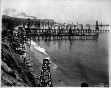 Oil wells in Pacific Ocean.  Summerland from the North