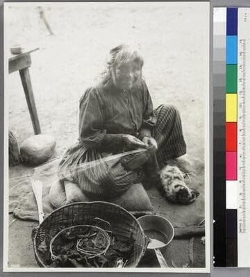 Yokut Indian woman making basket