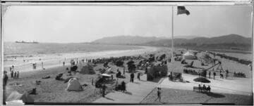 Beach, bathers, and real estate development, Pierpont Bay, Ventura. 1926