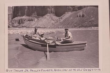 Guy Taylor Jr., Moulty Fulmer and Norm Day in the "GEM"; Mile 52.5 at foot of Nancoweap Rapid