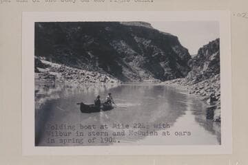 Ellsworth Kolb's first boating experience.  He is posed at the oars of one of Dave Rust's folding canvas boats near Bright Angel Creek while the young lady tries to look calm and collected