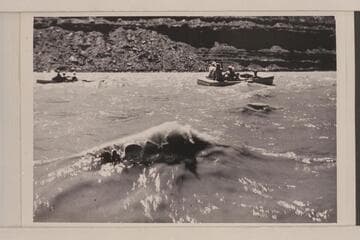 Riding the San Juan below Zahn's Camp.  Frost Expedition:  John A. Frost, Frank E. Frost and Britton Coll