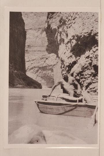 Lint in the "Boulder."  Marble Canyon.  Below Vaseys Paradise.  The "Boulder" had a flat deck.  The other three boats had crowned decks