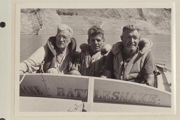 Crew of the "Rattlesnake."  Grand Canyon traverse of 1954, June.  Joe Desloge; Hugh Cutler; Rod Sanderson.  Gods Pocket, Lake Mead