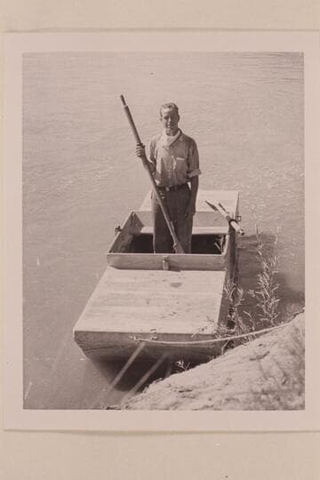 Harold H. Leich in his punt "Dirty Devil."  At Cisco Pump House on the Colorado River.  Leich arrived at the Pump House 1933, Aug. 16 and departed the next day
