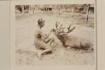 Margaret Marston with the tame buck at Phantom Ranch