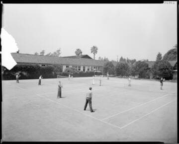 Boys playing tennis, Polytechnic Elementary School, 1030 East California, Pasadena. 1936