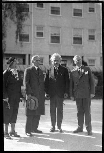 Albert and Elsa Einstein with Albert Michelson and an unidentified man, 1931