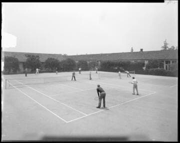 Boys playing tennis, Polytechnic Elementary School, 1030 East California, Pasadena. 1936