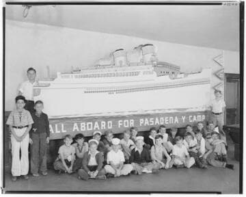 Group of boys and a summer camp poster at the YMCA, Pasadena. 1938