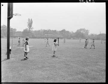 Girls playing baseball, Polytechnic Elementary School, 1030 East California, Pasadena. April 22, 1940